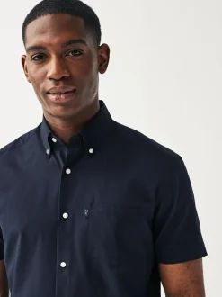Next Regular Fit Short Sleeve Easy Iron Button Down Oxford Shirt Navy Blue Clearance