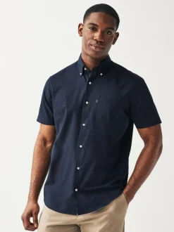 Next Regular Fit Short Sleeve Easy Iron Button Down Oxford Shirt Navy Blue Clearance