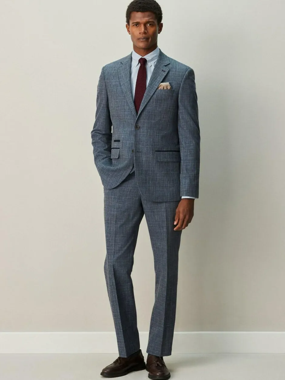 Next Regular Fit Trimmed Check Suit Trousers Navy Blue Discount