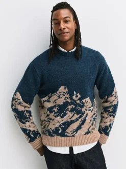 Next Navy Blue Relaxed Fit Knitted Mountain Landscape Crew Neck Jumper Discount