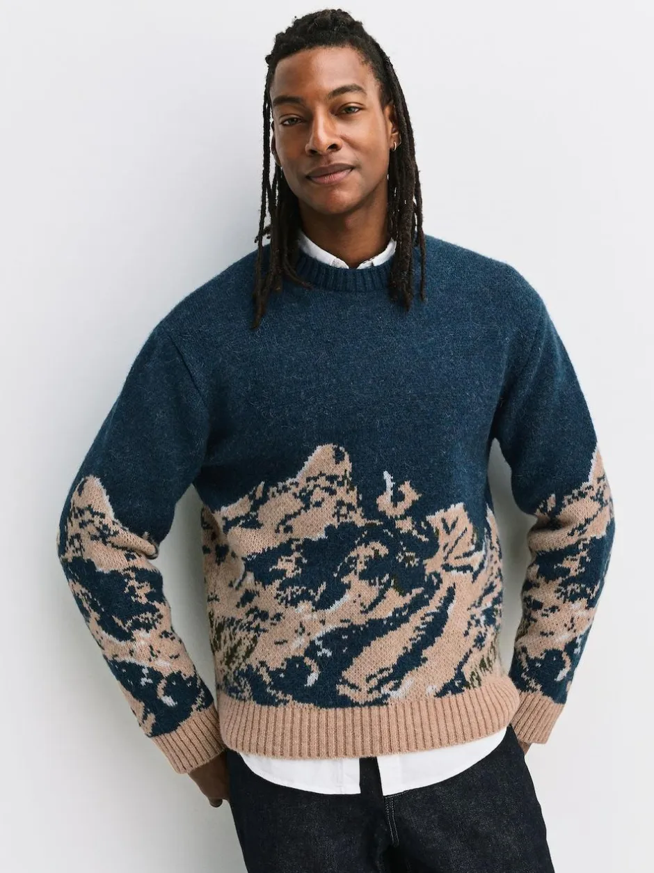 Next Navy Blue Relaxed Fit Knitted Mountain Landscape Crew Neck Jumper Discount