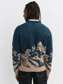 Next Navy Blue Relaxed Fit Knitted Mountain Landscape Crew Neck Jumper Discount