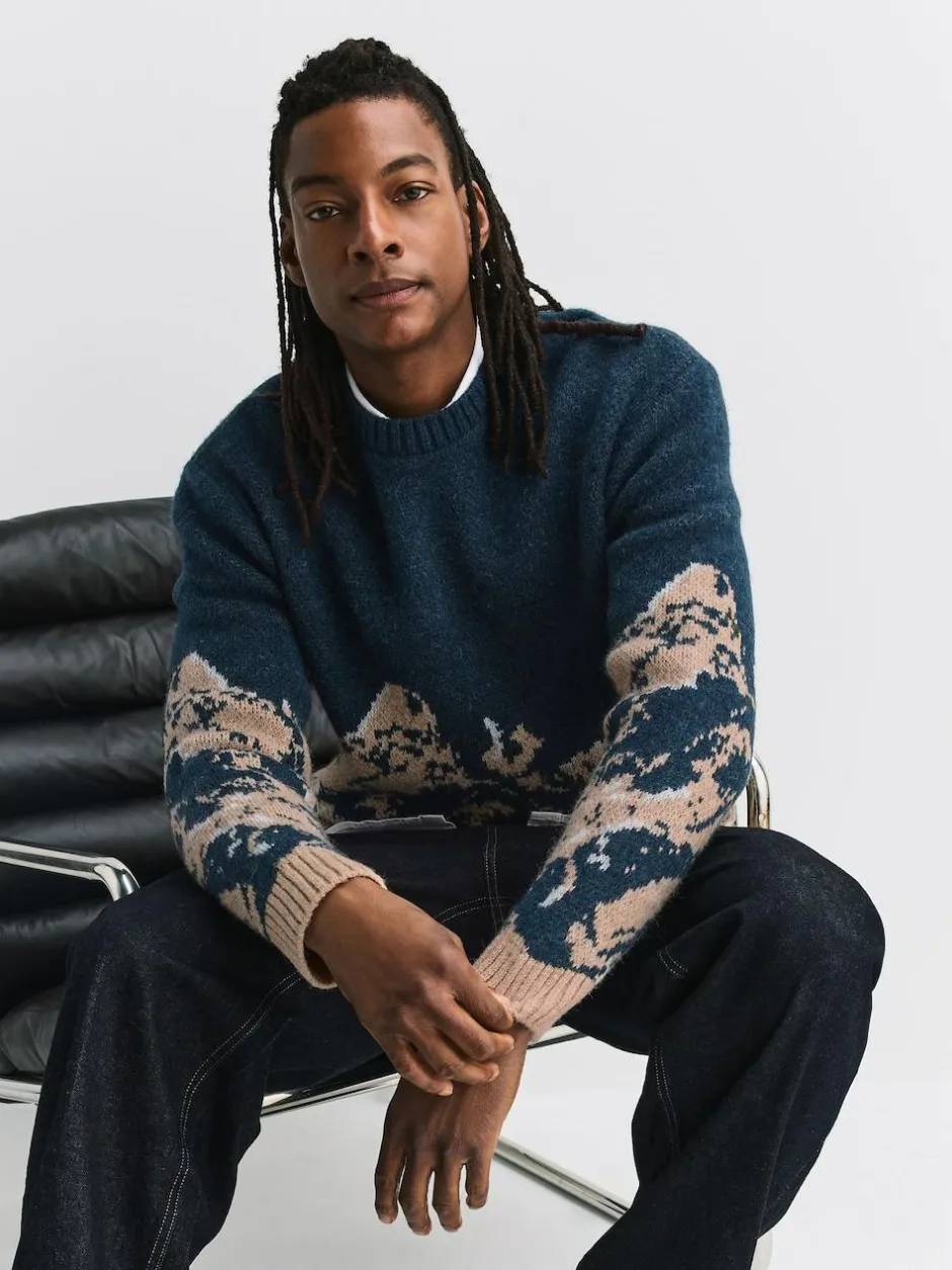 Next Navy Blue Relaxed Fit Knitted Mountain Landscape Crew Neck Jumper Discount