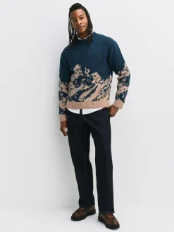 Next Navy Blue Relaxed Fit Knitted Mountain Landscape Crew Neck Jumper Discount