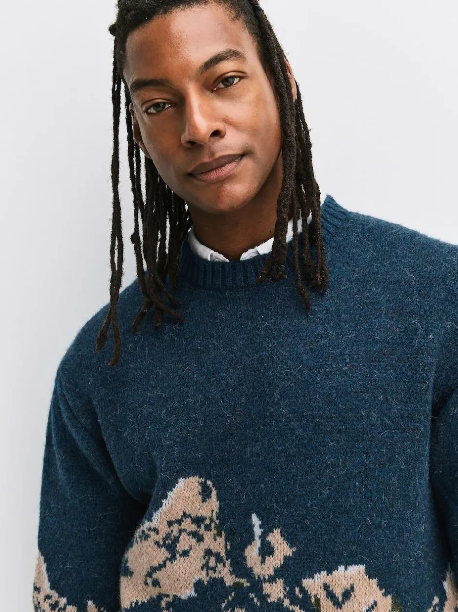 Next Navy Blue Relaxed Fit Knitted Mountain Landscape Crew Neck Jumper Discount