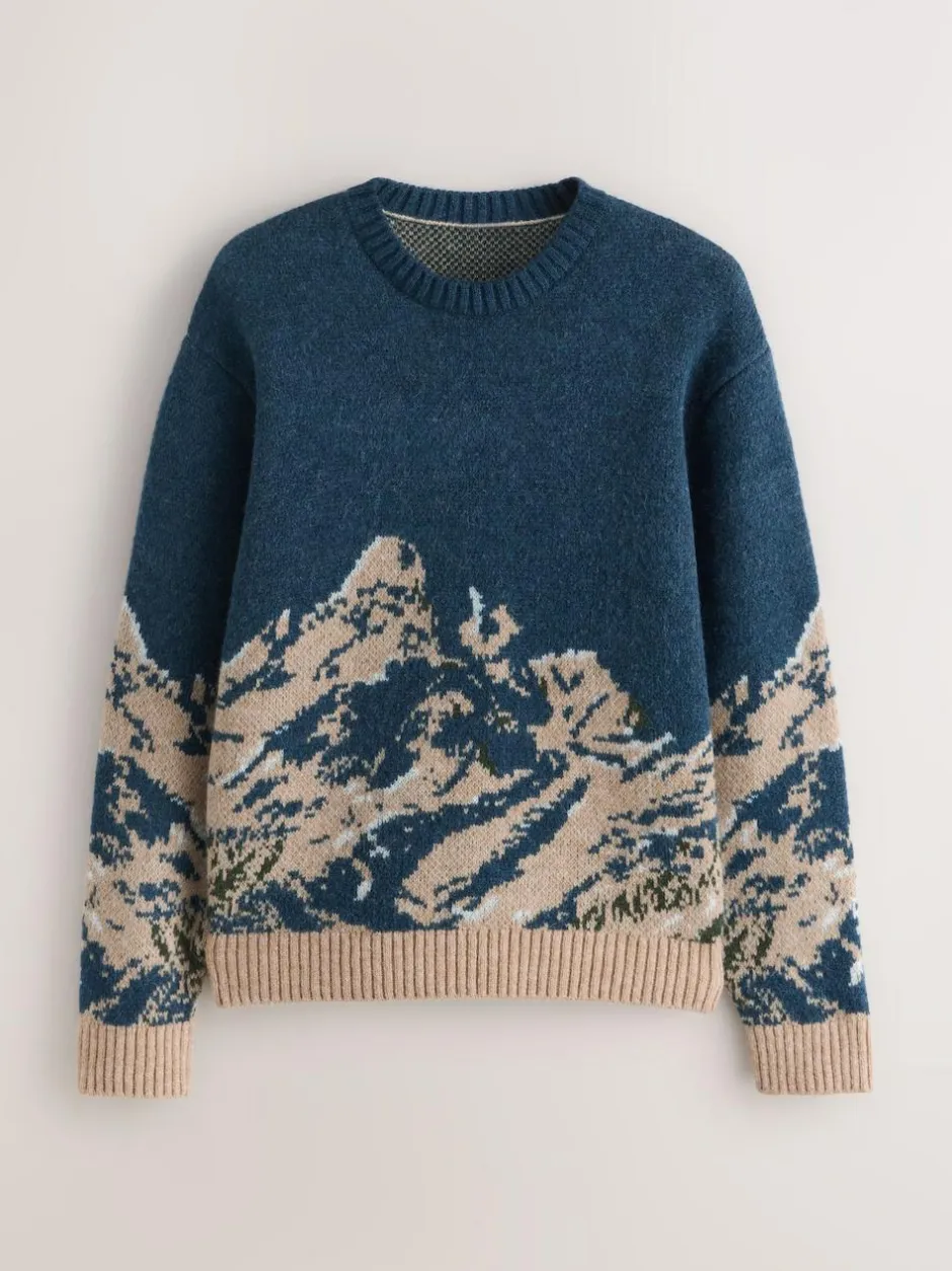 Next Navy Blue Relaxed Fit Knitted Mountain Landscape Crew Neck Jumper Discount