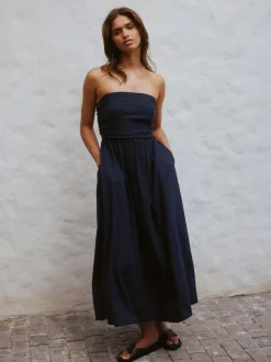 Next Ruched Bandeau Midi Dress with Linen Navy Blue