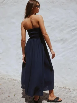 Next Ruched Bandeau Midi Dress with Linen Navy Blue