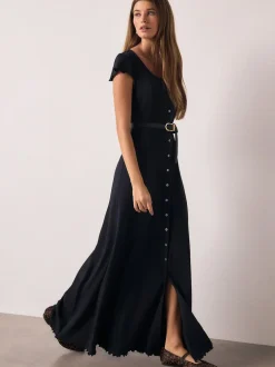 Next Short Sleeve Jersey Button Through Maxi Dress Navy Blue Outlet