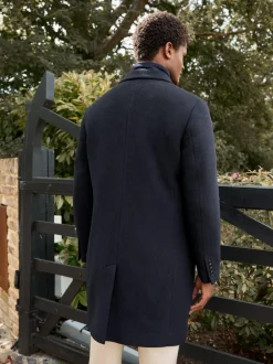 Next Signature Soft Touch Wool Rich Padded Italian Fabric Funnel Neck Coat Navy Blue Sale