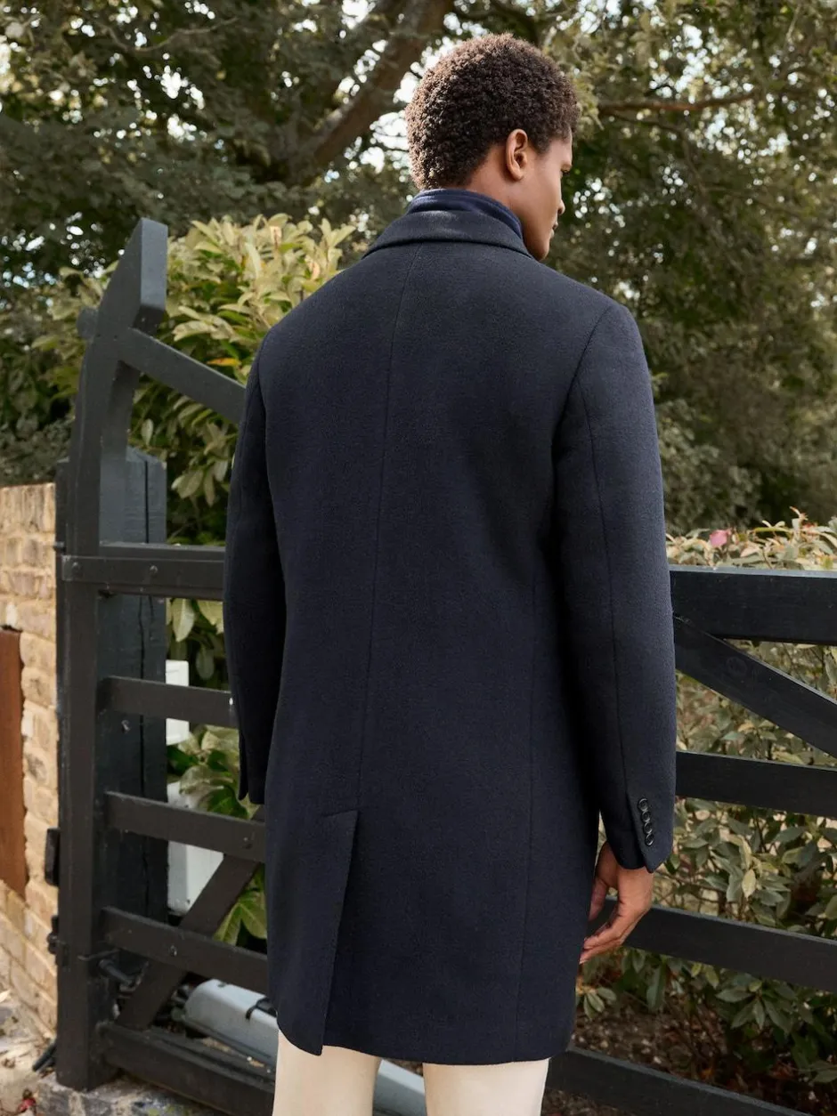 Next Signature Soft Touch Wool Rich Padded Italian Fabric Funnel Neck Coat Navy Blue Sale