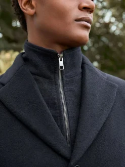Next Signature Soft Touch Wool Rich Padded Italian Fabric Funnel Neck Coat Navy Blue Sale