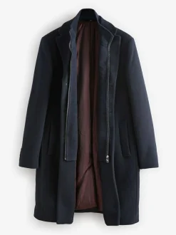 Next Signature Soft Touch Wool Rich Padded Italian Fabric Funnel Neck Coat Navy Blue Sale