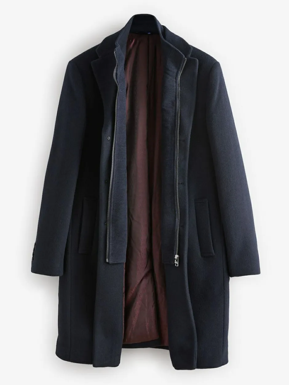 Next Signature Soft Touch Wool Rich Padded Italian Fabric Funnel Neck Coat Navy Blue Sale