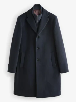 Next Signature Soft Touch Wool Rich Padded Italian Fabric Funnel Neck Coat Navy Blue Sale