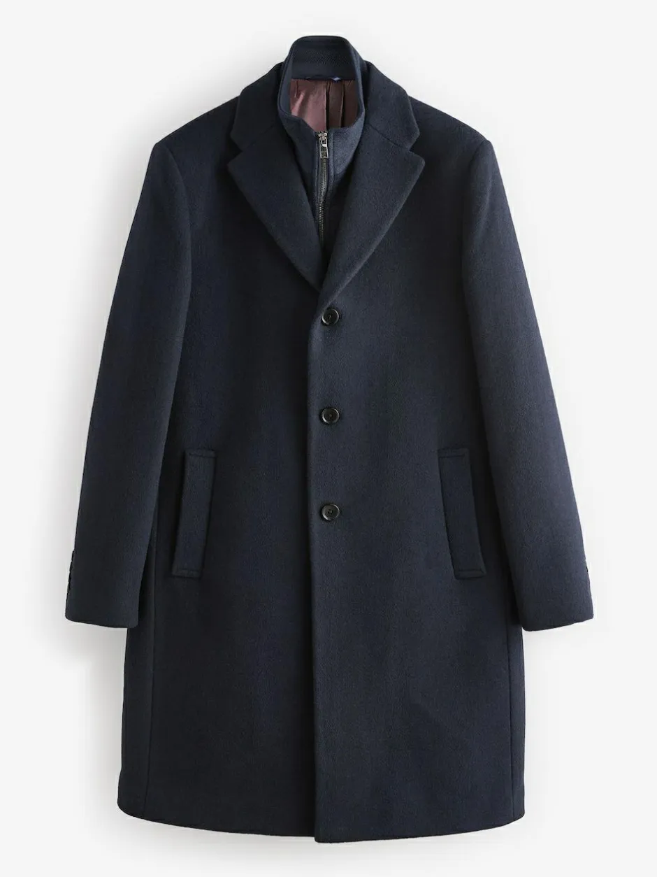 Next Signature Soft Touch Wool Rich Padded Italian Fabric Funnel Neck Coat Navy Blue Sale