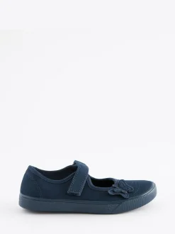 Next Standard Fit (F) Butterfly Embroidered School Plimsoll Shoes Navy Blue Hot