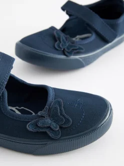 Next Standard Fit (F) Butterfly Embroidered School Plimsoll Shoes Navy Blue Hot