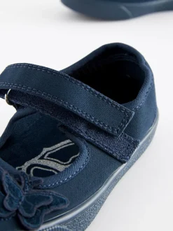 Next Standard Fit (F) Butterfly Embroidered School Plimsoll Shoes Navy Blue Hot