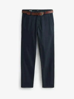 Next Straight Fit Belted Soft Touch Chino Trousers Navy Blue Hot