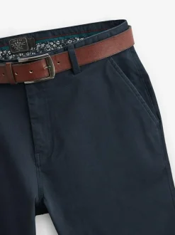 Next Straight Fit Belted Soft Touch Chino Trousers Navy Blue Hot