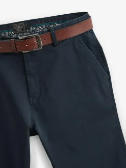 Next Straight Fit Belted Soft Touch Chino Trousers Navy Blue Hot