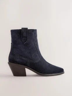Next Standard/Wide Fit Cowboy Block Heel Ankle Boots Navy Blue Suede Sale
