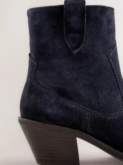 Next Standard/Wide Fit Cowboy Block Heel Ankle Boots Navy Blue Suede Sale