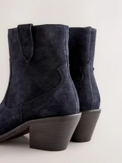 Next Standard/Wide Fit Cowboy Block Heel Ankle Boots Navy Blue Suede Sale