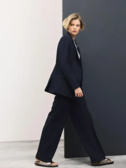Next Tailored Wide Leg Trousers With Wool Navy Blue Clearance
