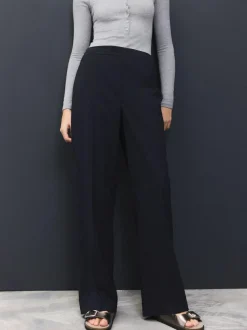 Next Tailored Wide Leg Trousers With Wool Navy Blue Clearance