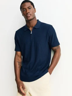 Next Textured Smart Zip Neck Polo Shirt Navy Blue Sale