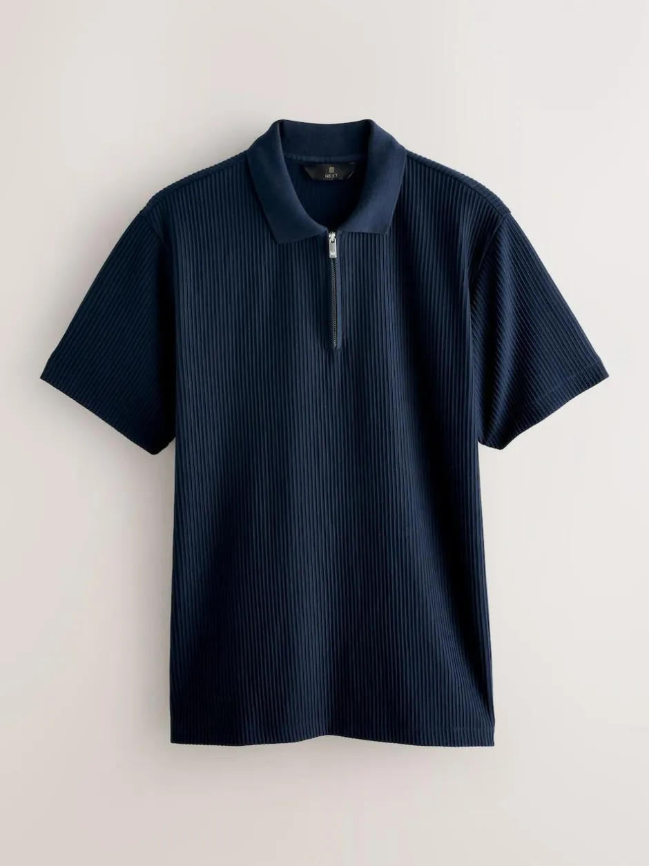 Next Textured Smart Zip Neck Polo Shirt Navy Blue Sale