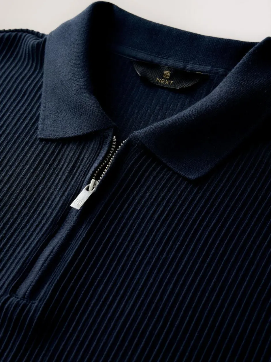 Next Textured Smart Zip Neck Polo Shirt Navy Blue Sale