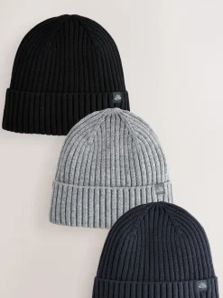 Next Knitted Beanie Hats 3 Pack (1-16yrs) Navy Blue/Black Clearance