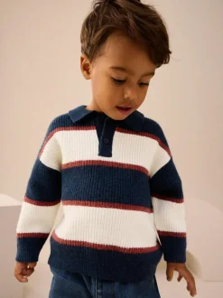 Next Knitted Stripe Rugby Polo Shirt (3mths-7yrs) Navy Blue/Burgundy Clearance