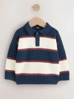 Next Knitted Stripe Rugby Polo Shirt (3mths-7yrs) Navy Blue/Burgundy Clearance