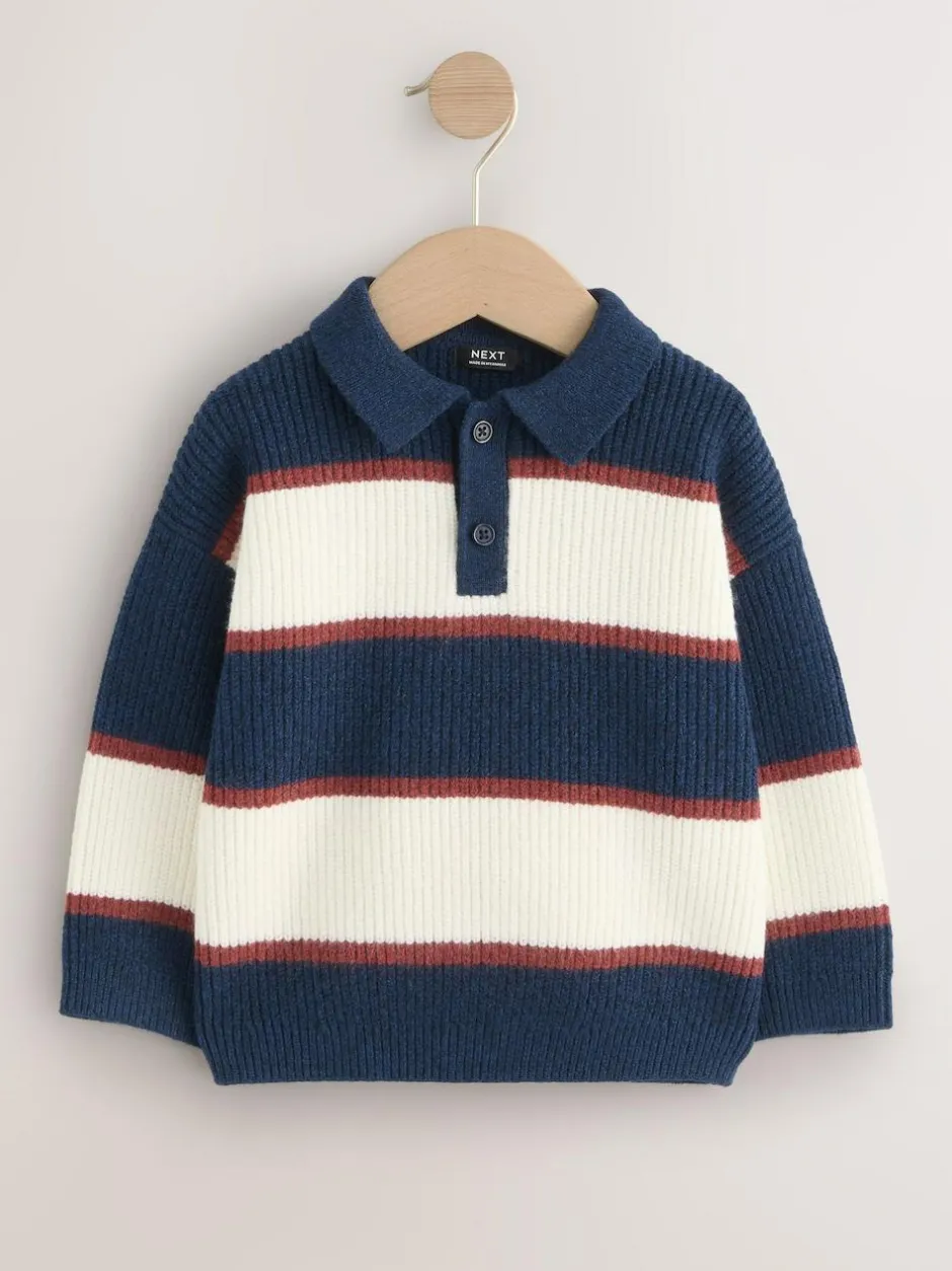 Next Knitted Stripe Rugby Polo Shirt (3mths-7yrs) Navy Blue/Burgundy Clearance