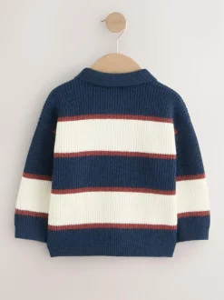 Next Knitted Stripe Rugby Polo Shirt (3mths-7yrs) Navy Blue/Burgundy Clearance