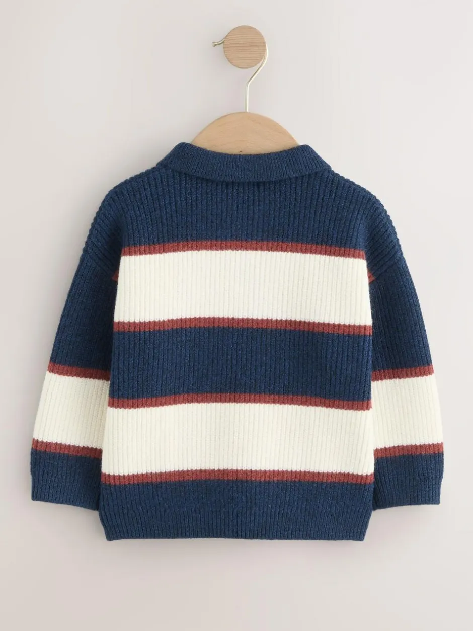 Next Knitted Stripe Rugby Polo Shirt (3mths-7yrs) Navy Blue/Burgundy Clearance