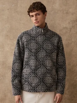 Next Full Zip Funnel Neck Fleece Navy Blue/Grey Printed Hot