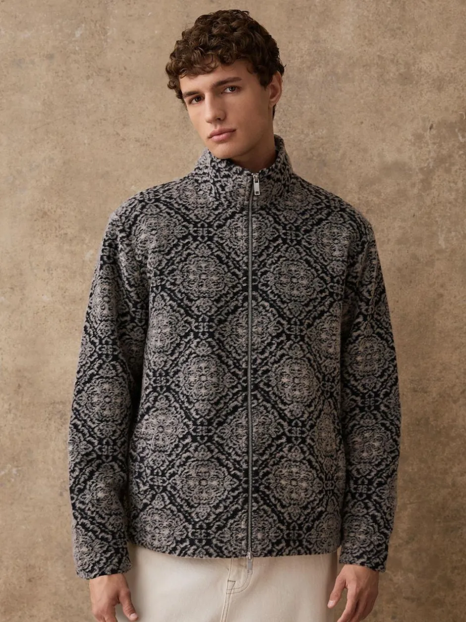 Next Full Zip Funnel Neck Fleece Navy Blue/Grey Printed Hot