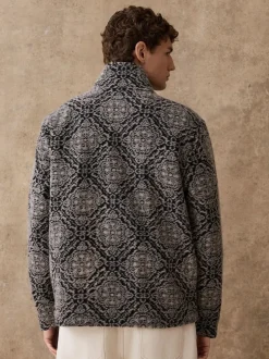 Next Full Zip Funnel Neck Fleece Navy Blue/Grey Printed Hot