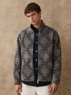 Next Full Zip Funnel Neck Fleece Navy Blue/Grey Printed Hot