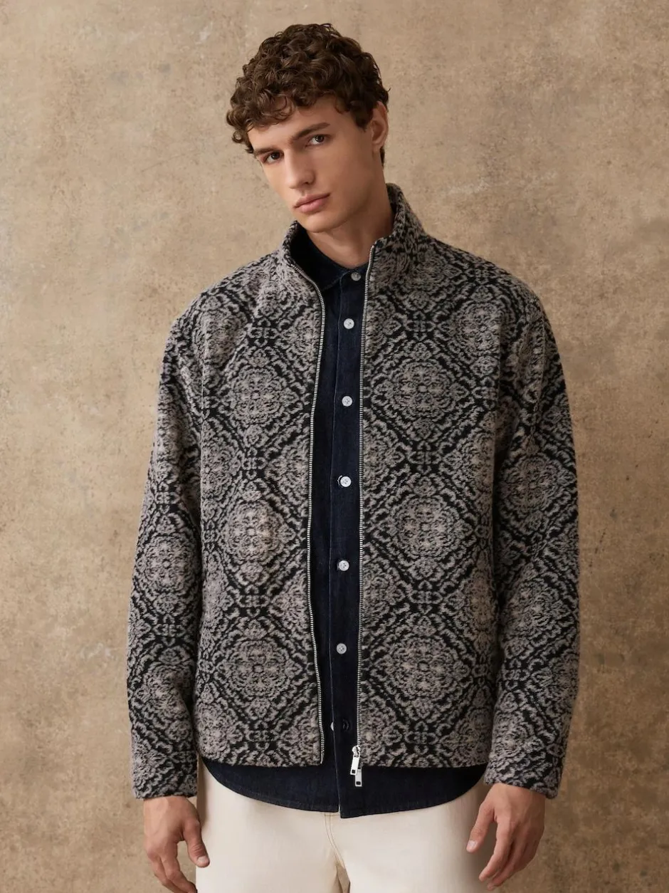 Next Full Zip Funnel Neck Fleece Navy Blue/Grey Printed Hot