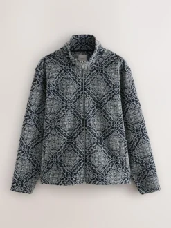 Next Full Zip Funnel Neck Fleece Navy Blue/Grey Printed Hot