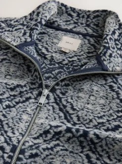 Next Full Zip Funnel Neck Fleece Navy Blue/Grey Printed Hot