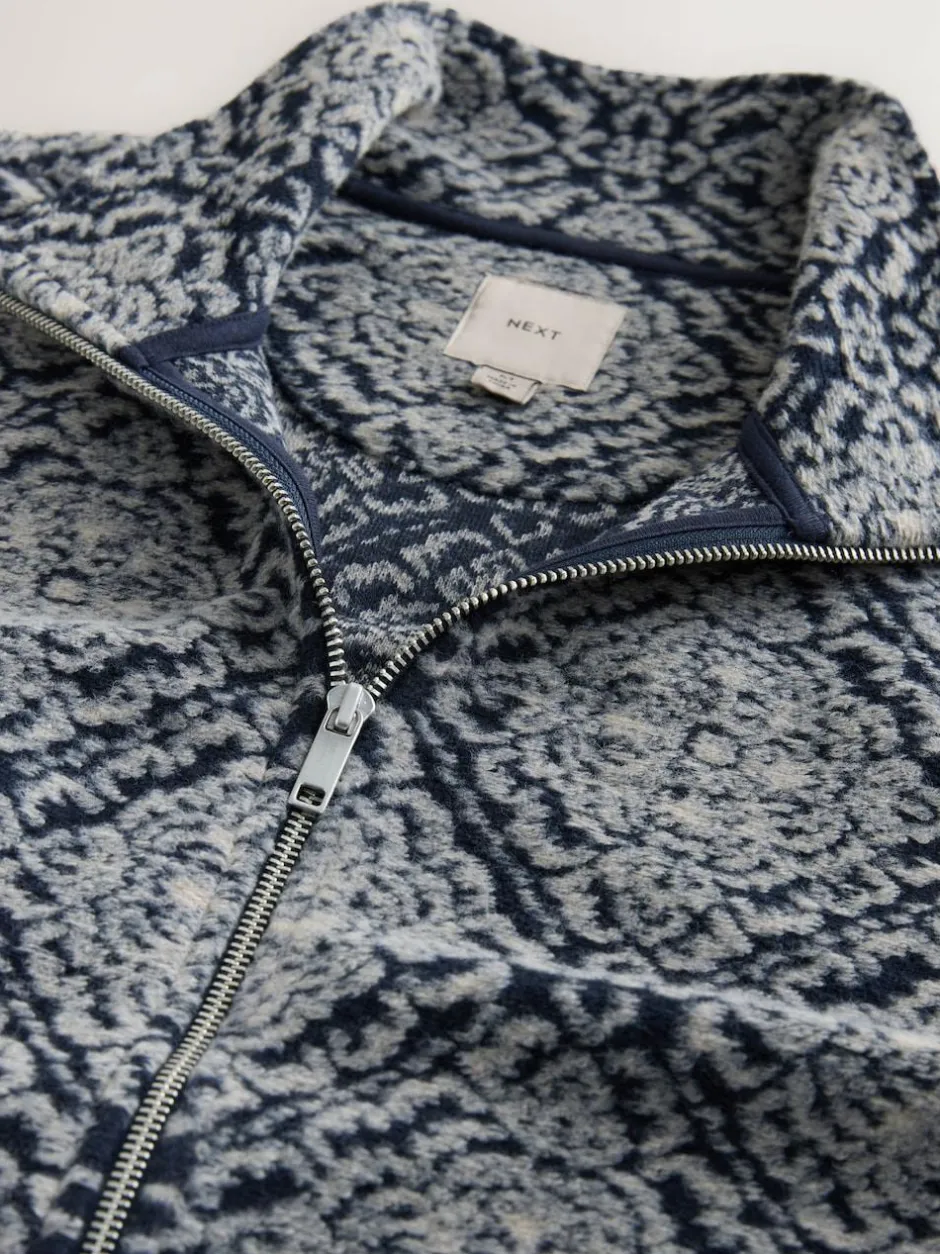 Next Full Zip Funnel Neck Fleece Navy Blue/Grey Printed Hot