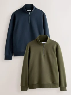Next Navy Blue/Khaki Green 2 Pack Cotton Rich Heavyweight Jersey Quarter Zip Neck Sweatshirts Outlet