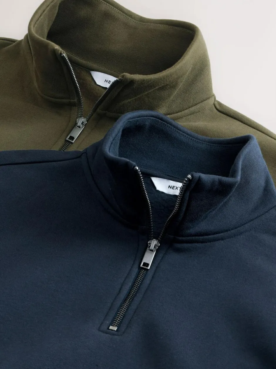 Next Navy Blue/Khaki Green 2 Pack Cotton Rich Heavyweight Jersey Quarter Zip Neck Sweatshirts Outlet